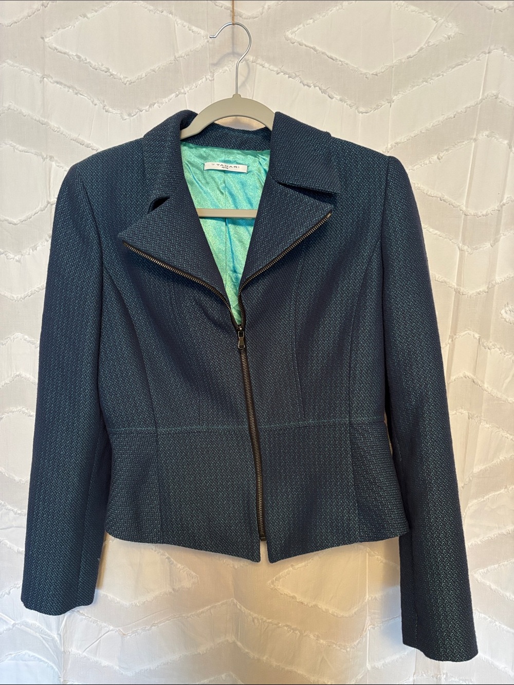 Tahari Dark Teal Textured Zip-Front Blazer